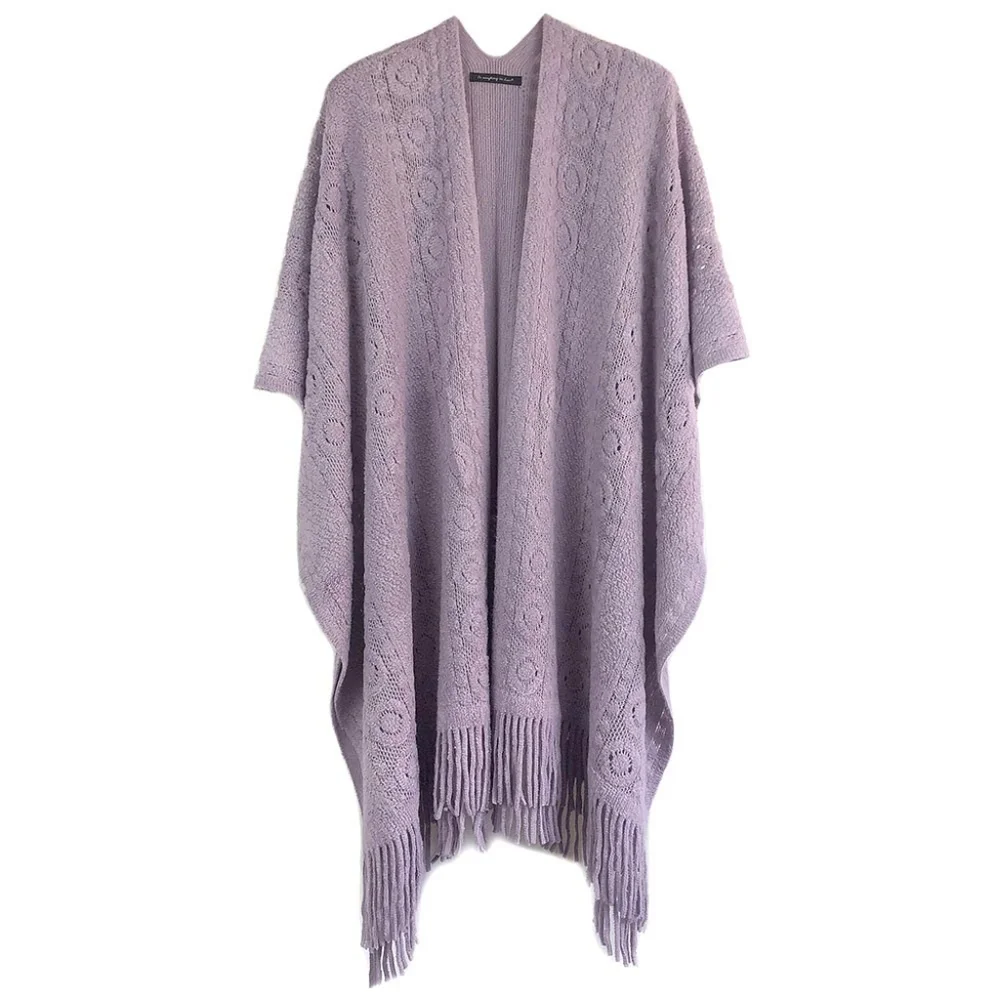 Lavender Crochet Shawl Fringe Poncho Scarf Sweater Open Front Cape Womens Wrap